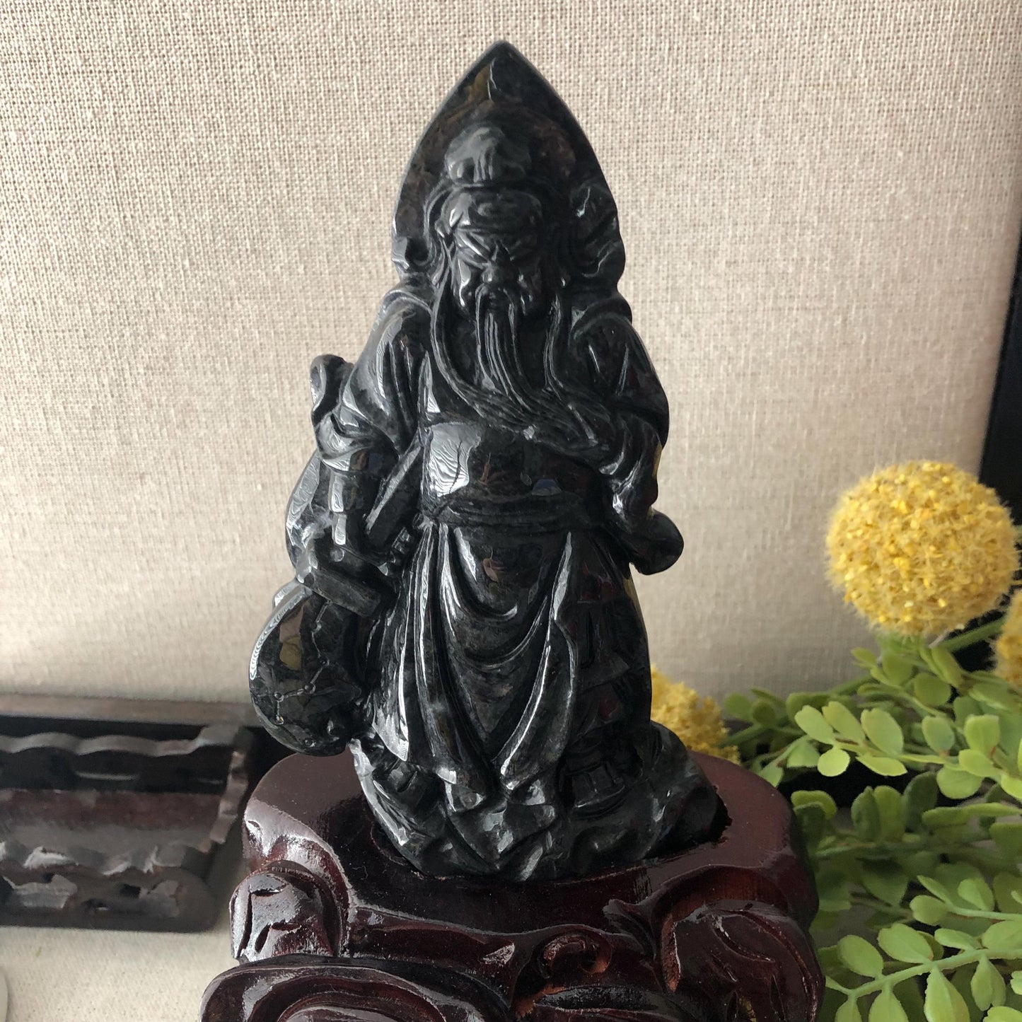 130mm Wuji Black Jadeite Jade Carved Guan Er Yeh 關二爺 Statue Display RARE