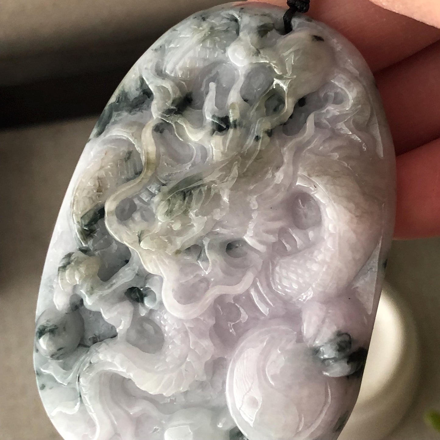 66.8mm Green Float Flowers Jadeite Jade Carved Dragon Pendant