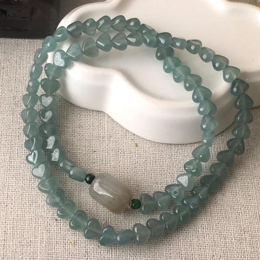 7.1 mm High Icy Blue Glossy Heart Shaped Jade Bead Bracelet