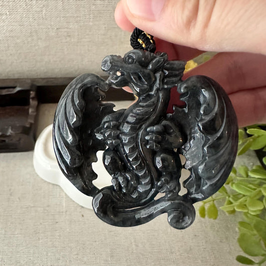60mm Jadeite Jade Wuji Grey   Carved Dragon with Wings Pendant