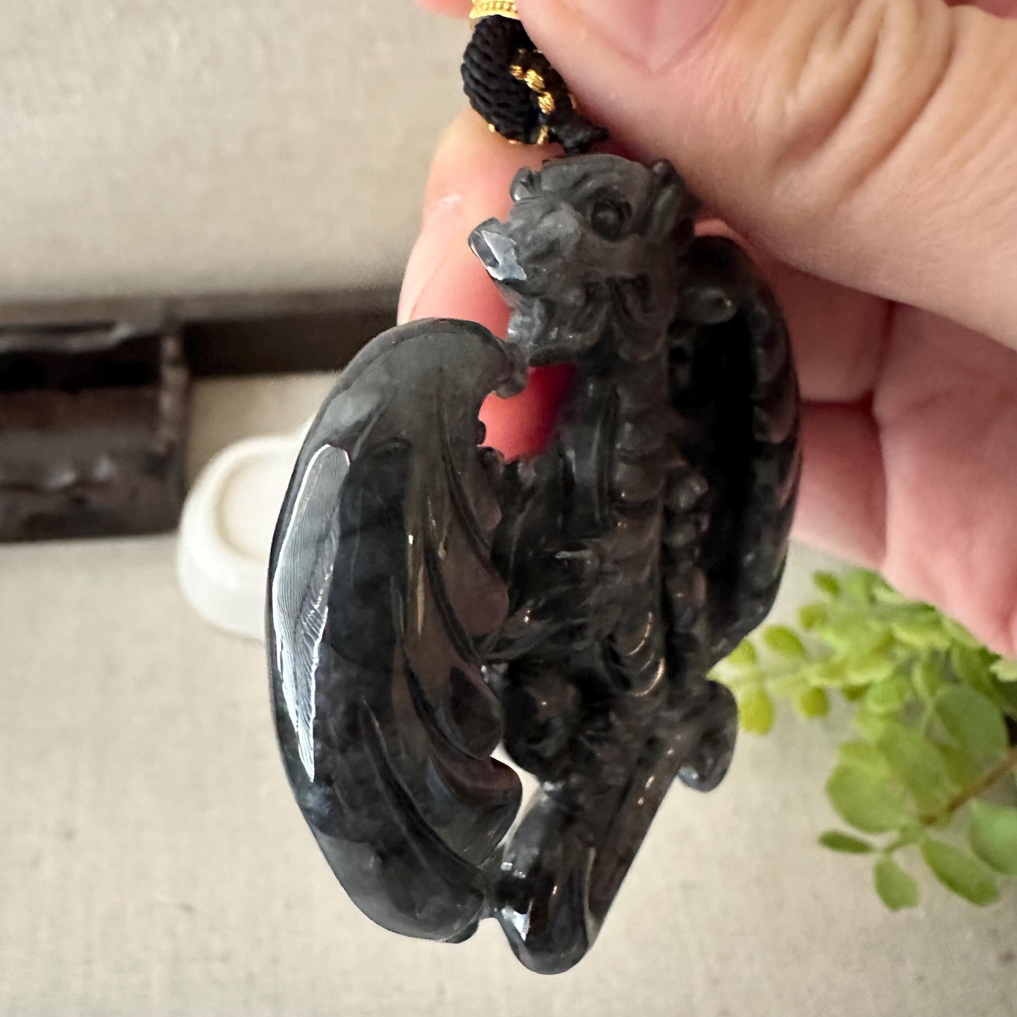 60mm Jadeite Jade Wuji Grey   Carved Dragon with Wings Pendant