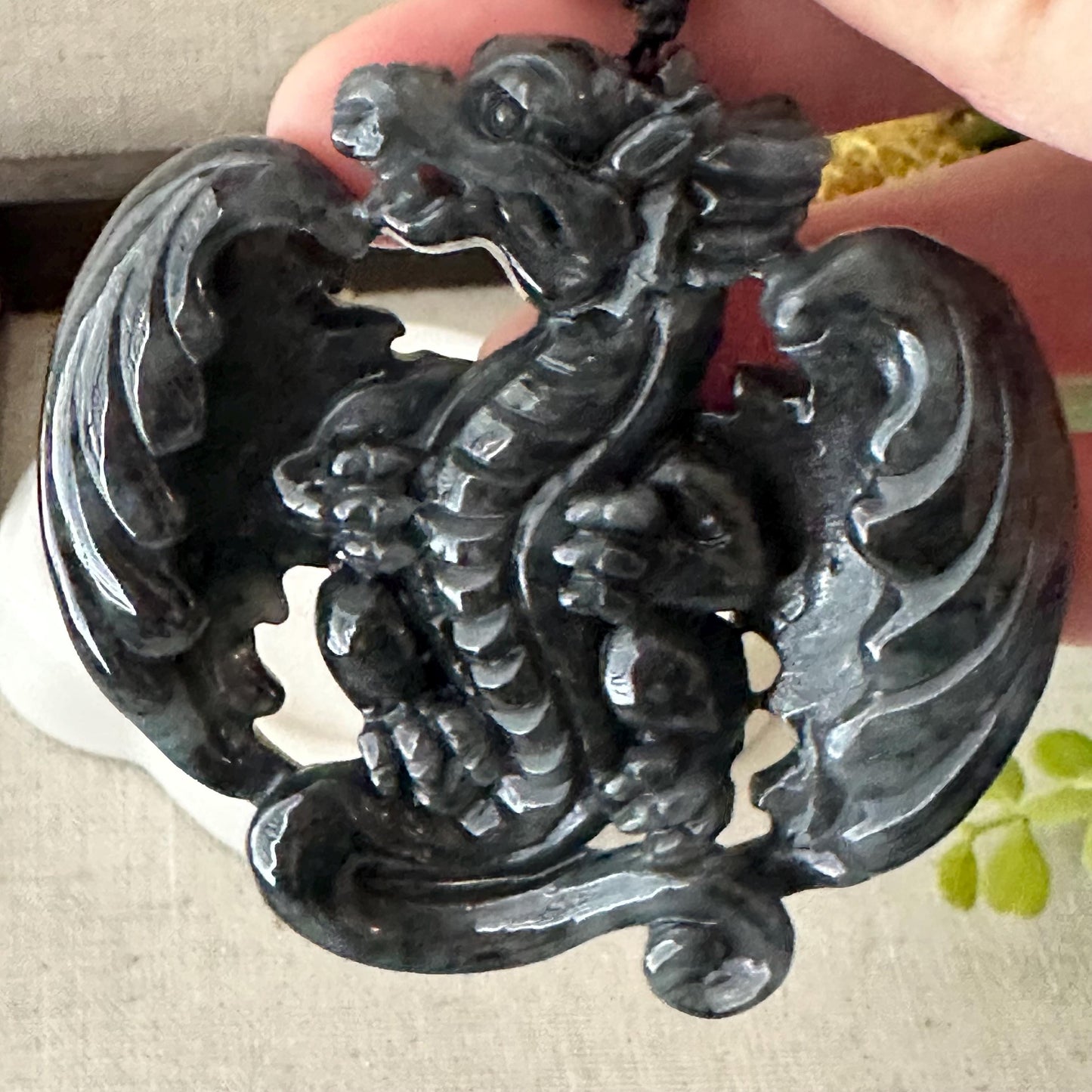 60mm Jadeite Jade Wuji Grey   Carved Dragon with Wings Pendant