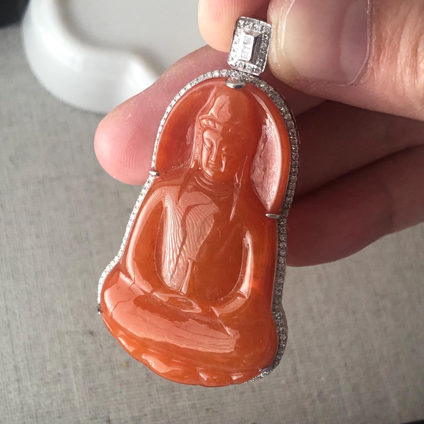 18K White Gold 48mm Glossy Reddish Orange Jadeite Jade Carved Guanyin Pendant with Diamonds