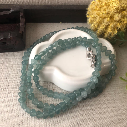 7.1 mm High Icy Blue Glossy Heart Shaped Jade Bead Bracelet Necklace