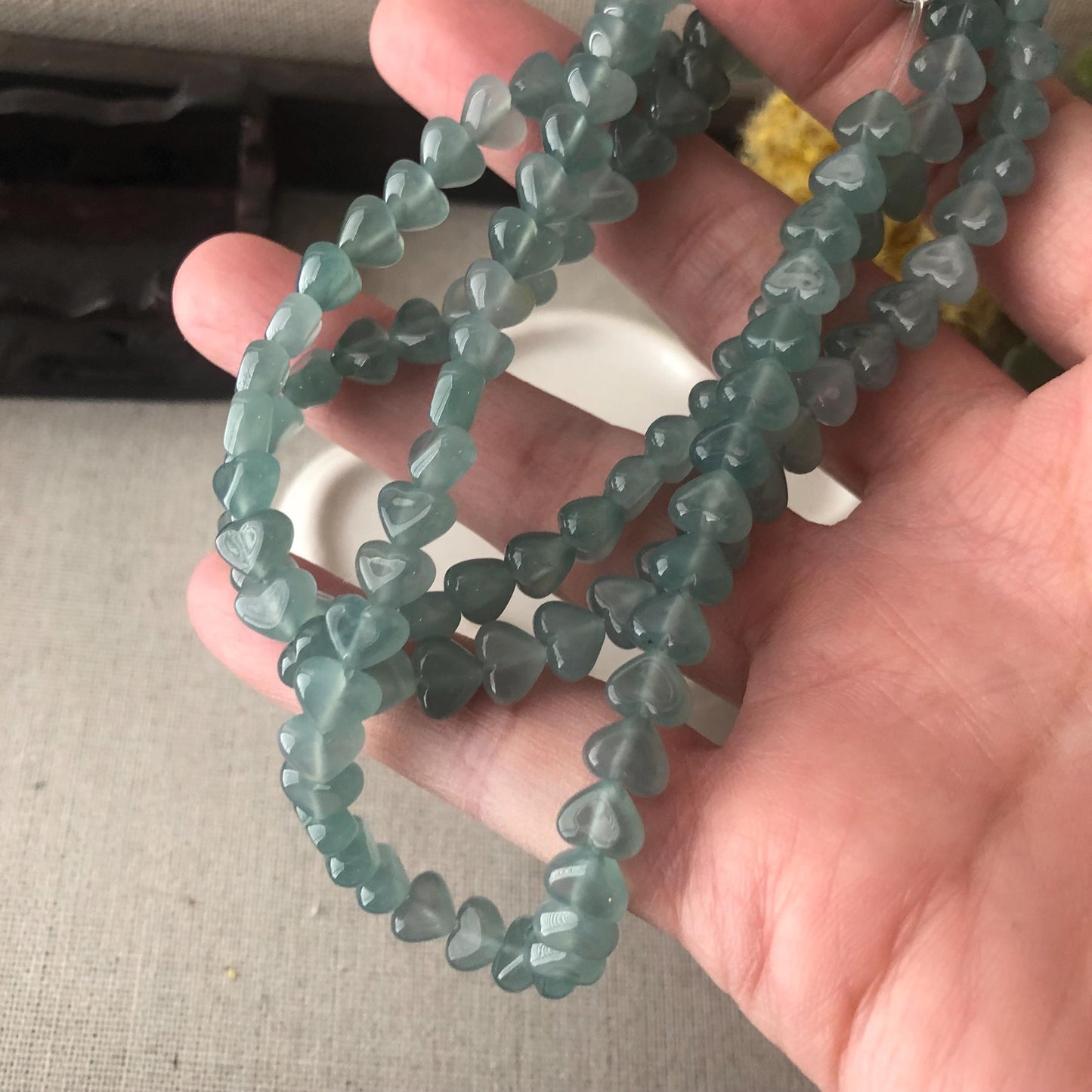 7.1 mm High Icy Blue Glossy Heart Shaped Jade Bead Bracelet Necklace