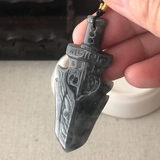 55.5 mm Icy Wuji Sword Jadeite Jade Pendant