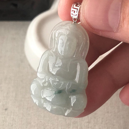 18K White Gold 35.5mm Glossy Green Float Flowers Jadeite Jade Carved Guanyin Pendant
