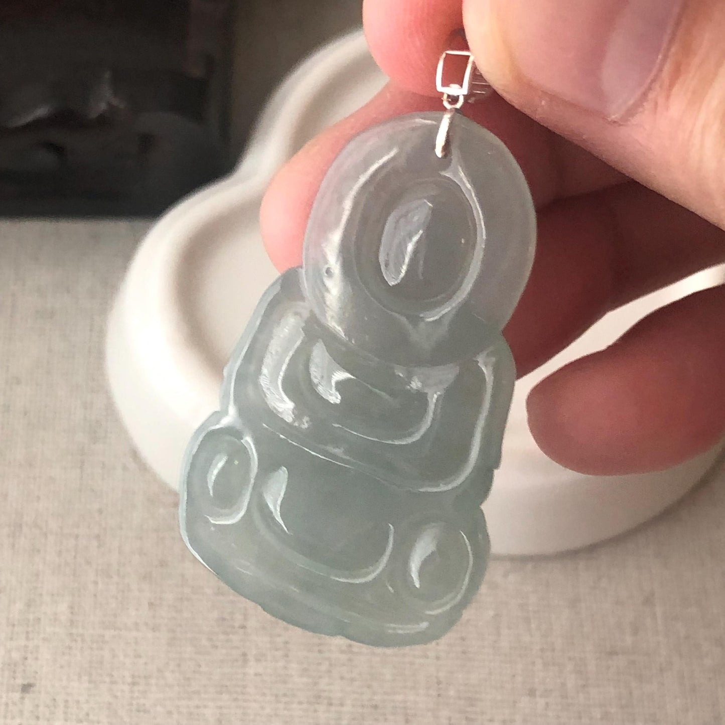 18K White Gold 40mm Glossy Greenish Jadeite Jade Carved Guanyin Pendant