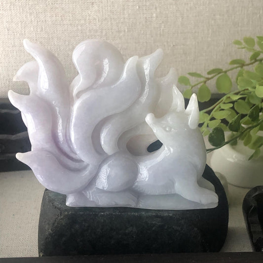 75mm Light Lavender White Jadeite Jade Carved Kitsune Nine Fox Tails Statue Display