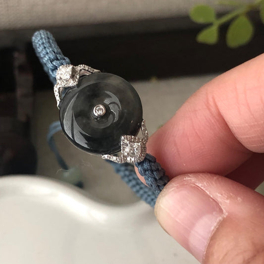 18K white gold 14.5 mm Icy Wuji Donut Jade Adjustable handmade Bracelet