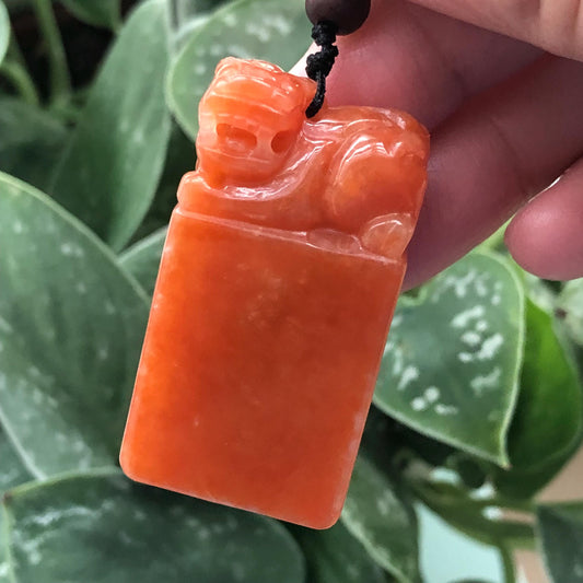 44mm Jadeite Jade Red Carved Pixiu Statue Display Stamp Pendant