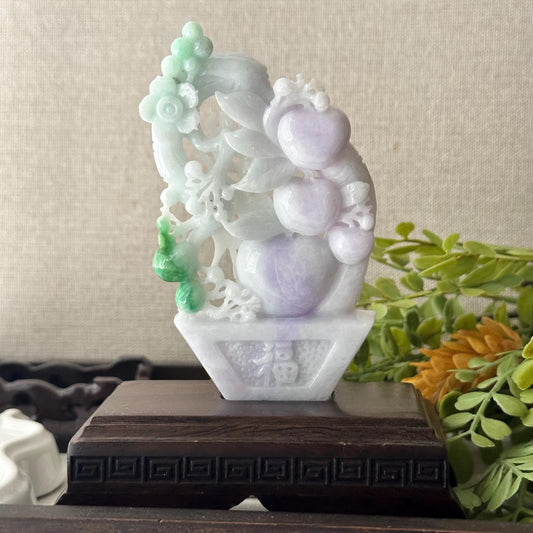 94mm Light Lavender Green White Jadeite Jade Carved Apple Tree Statue Display
