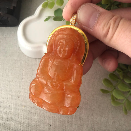18K Yellow Gold 58mm Icy Reddish Orange Jadeite Jade Carved Guanyin Pendant with Diamond Bail