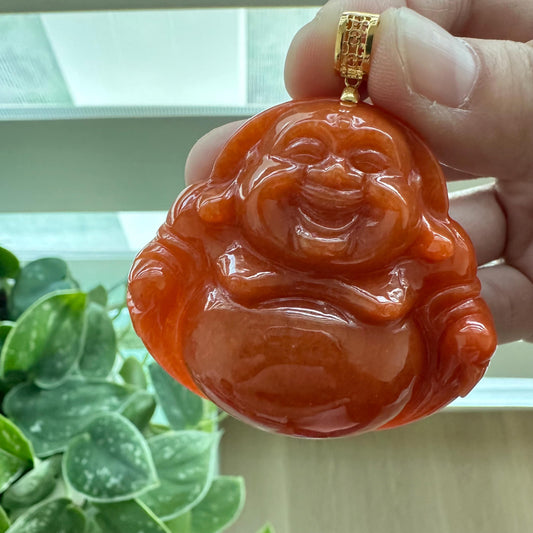 18K gold 53.5 mm BIG Reddish Orange Jadeite Jade Carved Happy Buddha Pendant