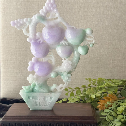 120mm Light Lavender Green White Jadeite Jade Carved Apple Tree Statue Display