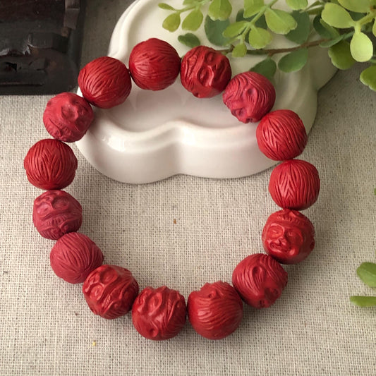 14mm Red Carved Monkey King Cinnabar Bead Bracelet