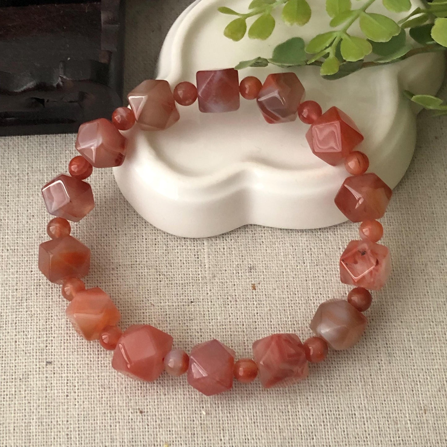 12mm Agate Grade A Natural Diamond Cut Bead Bracelet Red Pink Tone