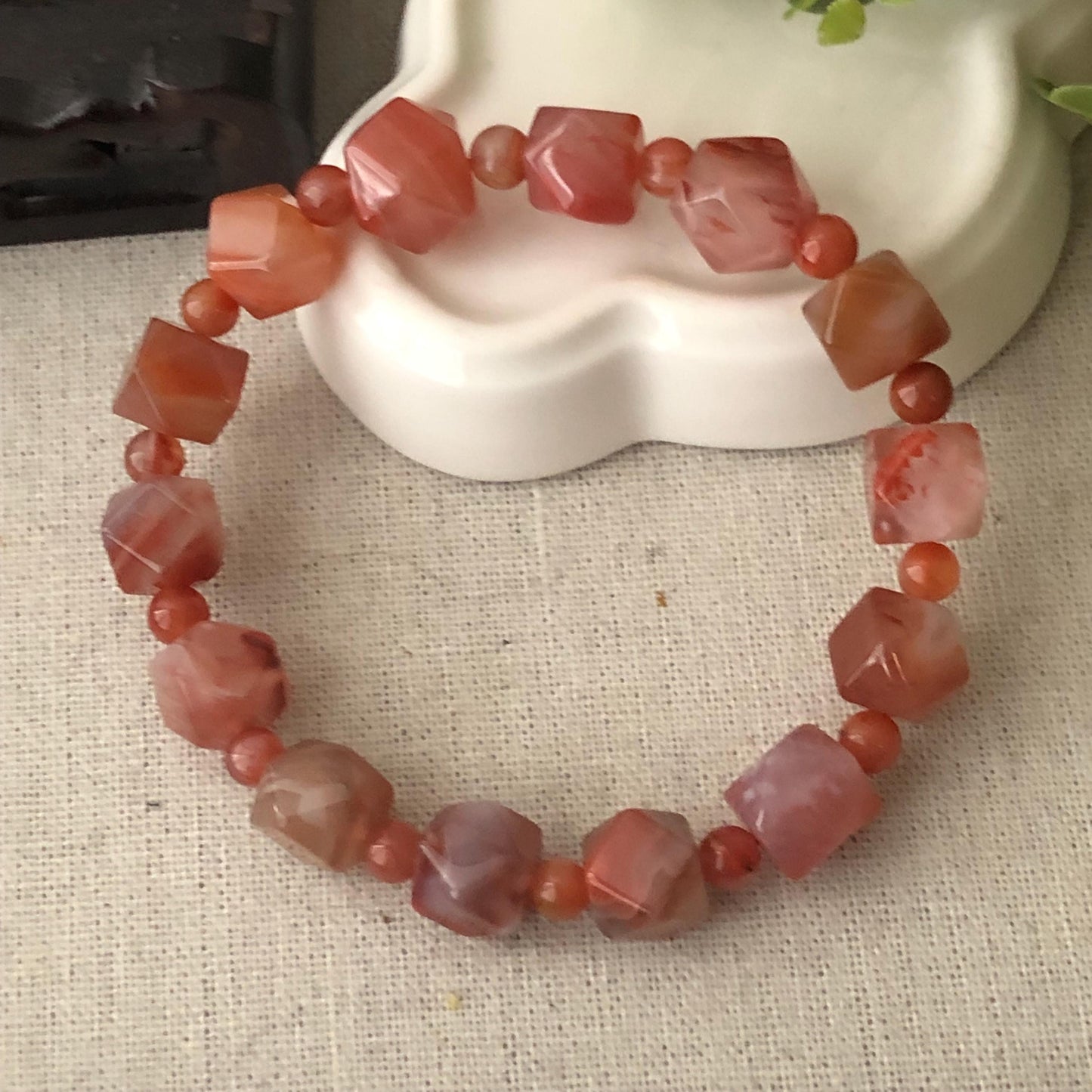 12mm Agate Grade A Natural Diamond Cut Bead Bracelet Red Pink Tone