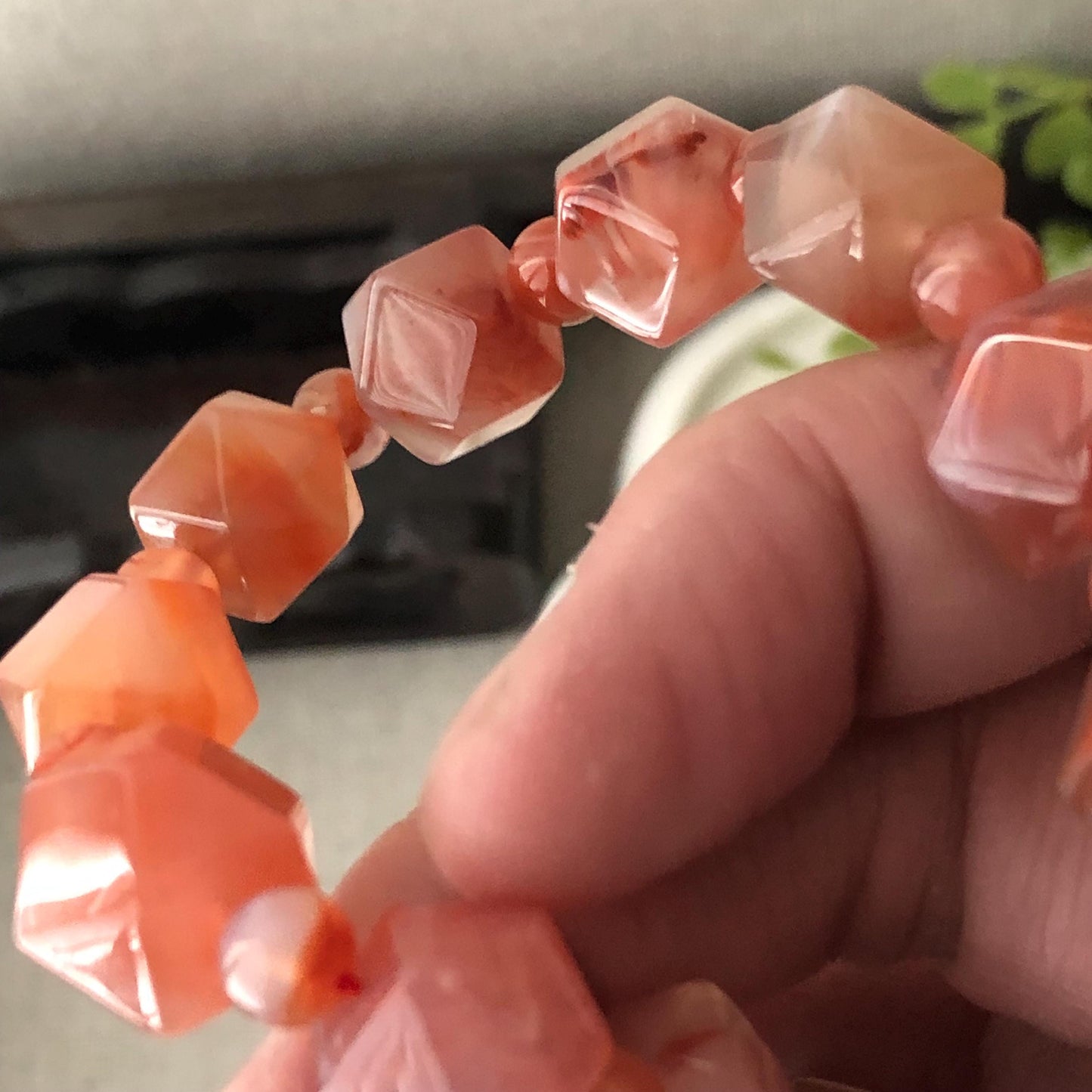 12mm Agate Grade A Natural Diamond Cut Bead Bracelet Red Pink Tone