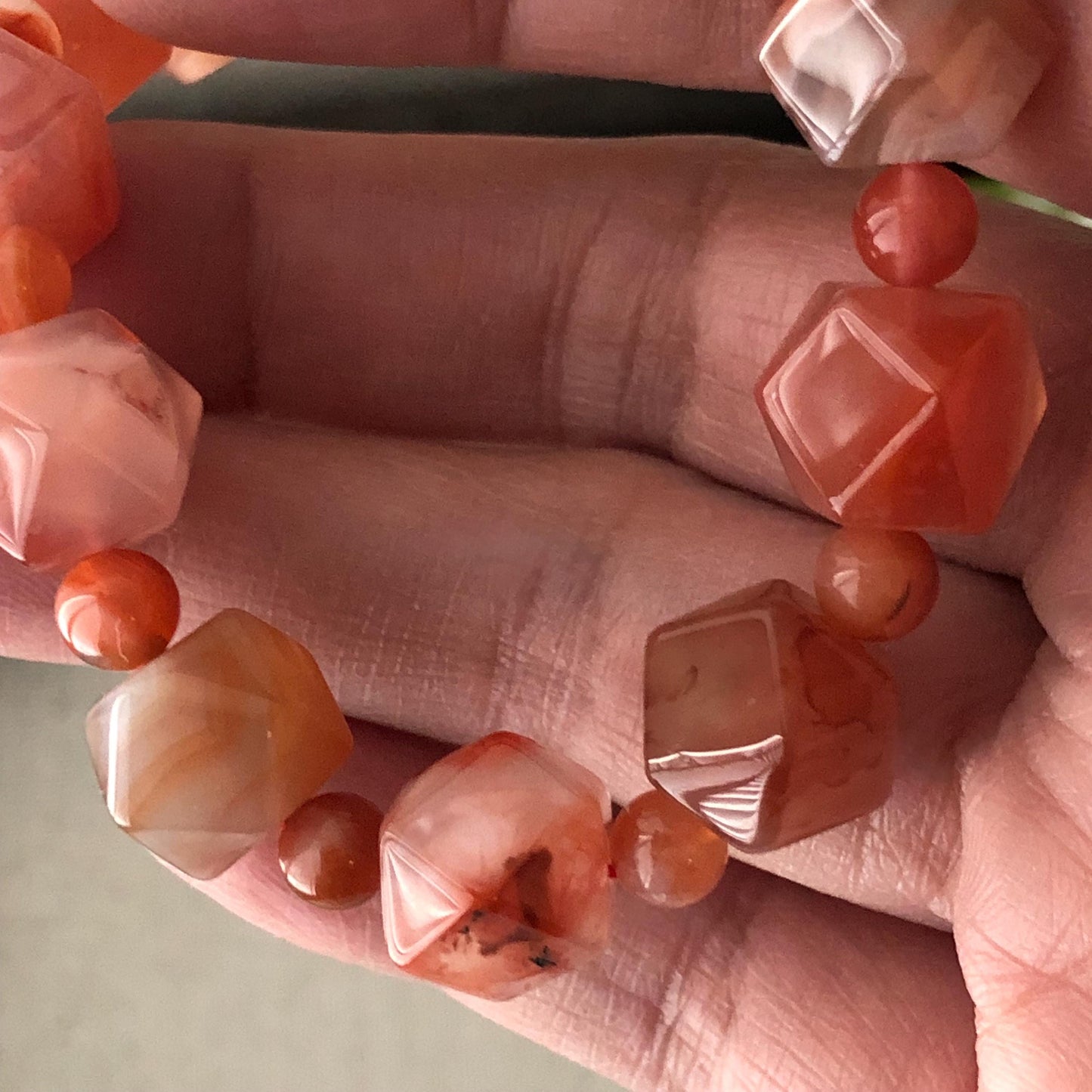 12mm Agate Grade A Natural Diamond Cut Bead Bracelet Red Pink Tone