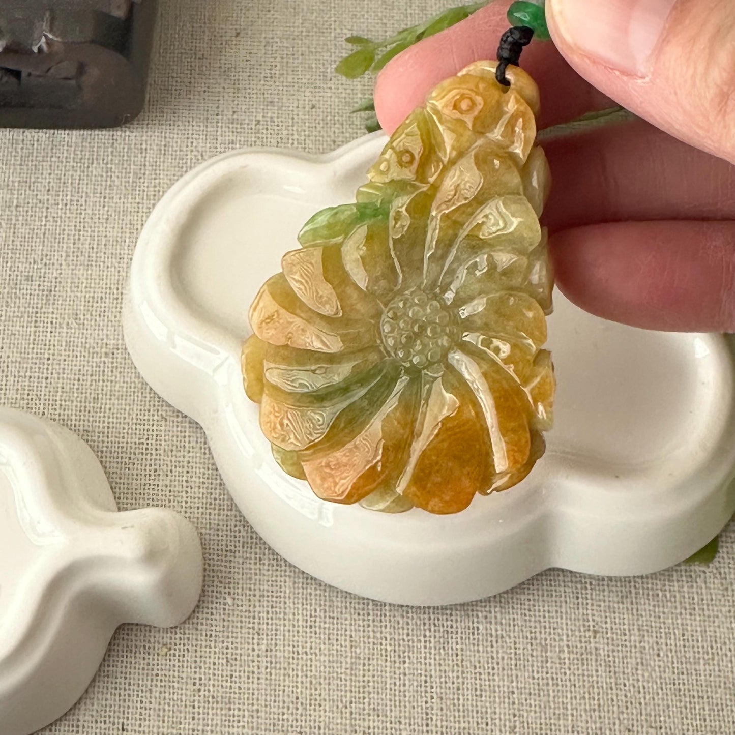 53 mm  Yellow Green Jadeite Jade Carved Butterfly Flower Pendant