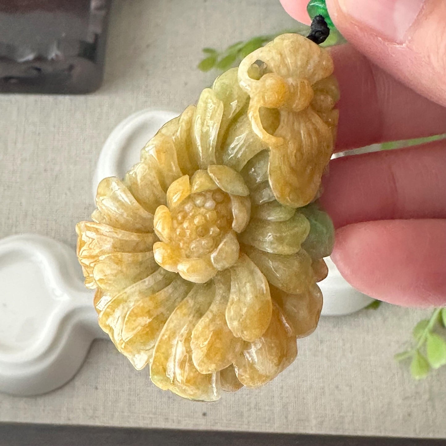 53 mm  Yellow Green Jadeite Jade Carved Butterfly Flower Pendant