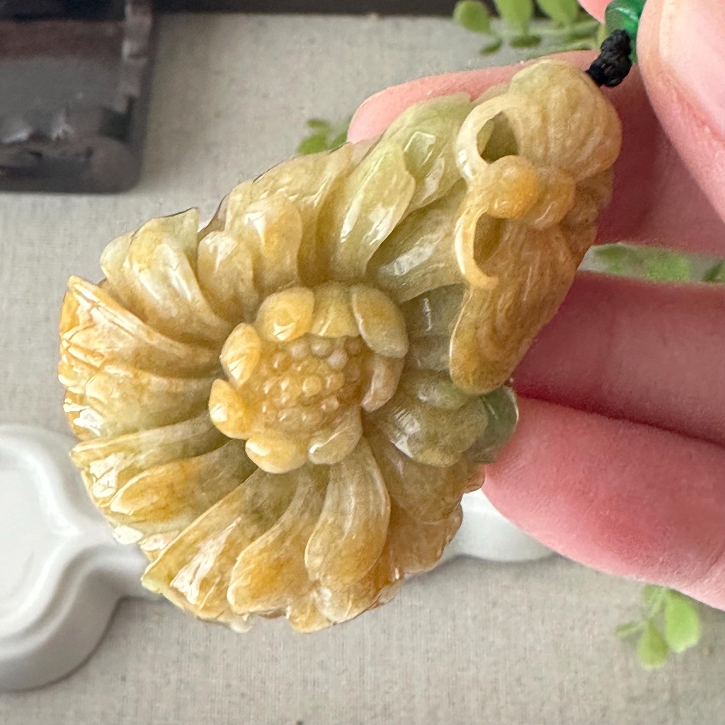 53 mm  Yellow Green Jadeite Jade Carved Butterfly Flower Pendant