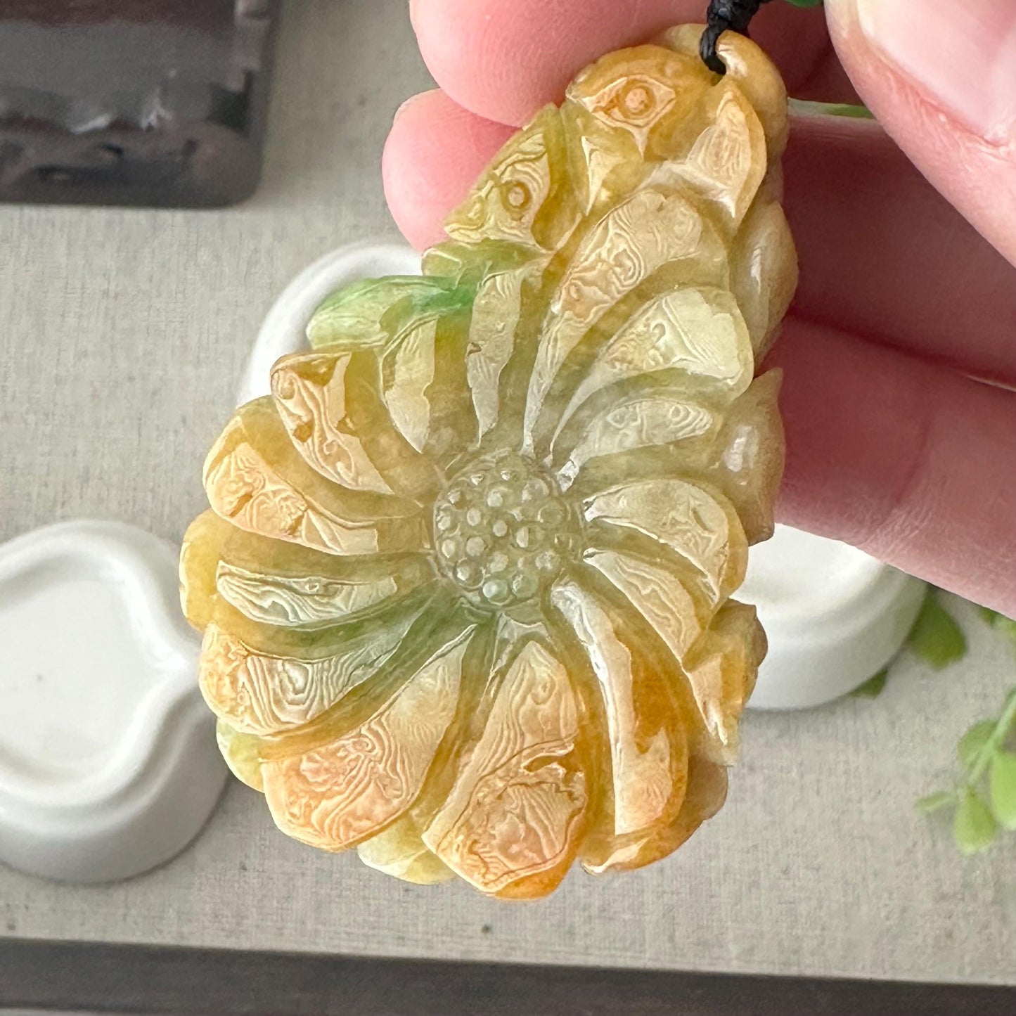 53 mm  Yellow Green Jadeite Jade Carved Butterfly Flower Pendant
