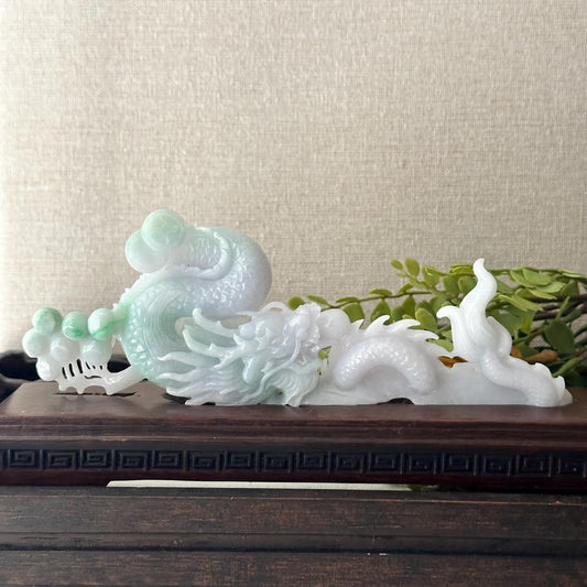 7 Light Green White Jadeite Jade Carved Dragon Statue Display