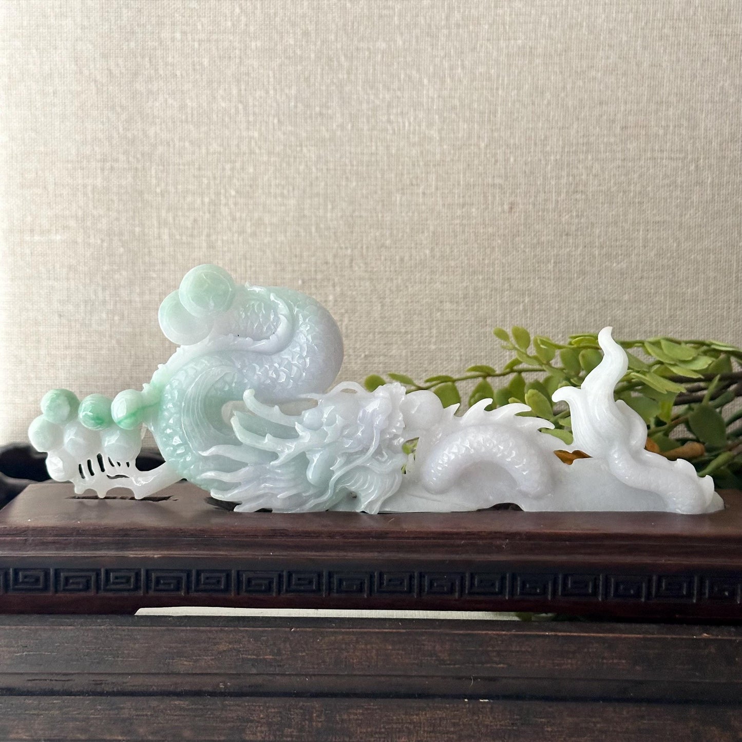7” Light Green White Jadeite Jade Carved Dragon Statue Display