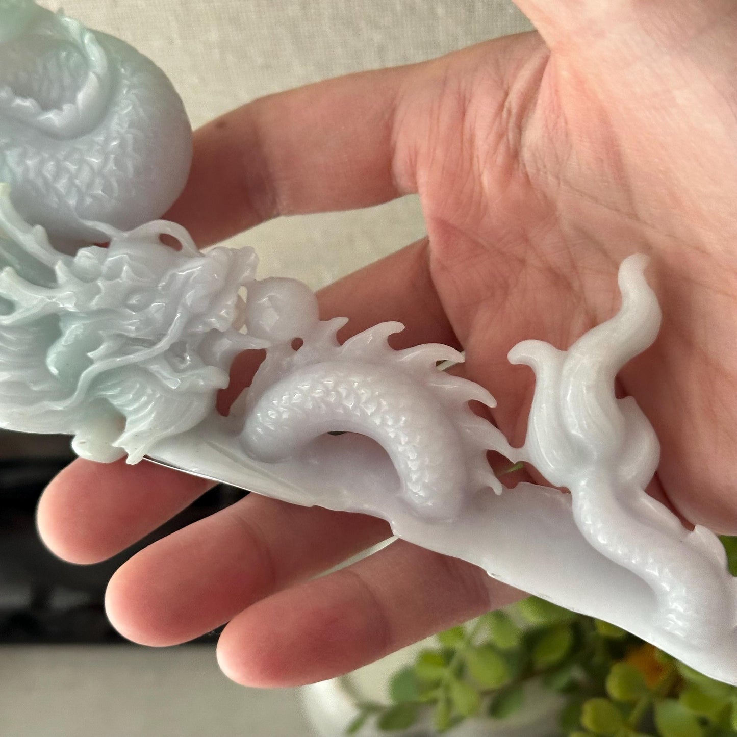 7” Light Green White Jadeite Jade Carved Dragon Statue Display