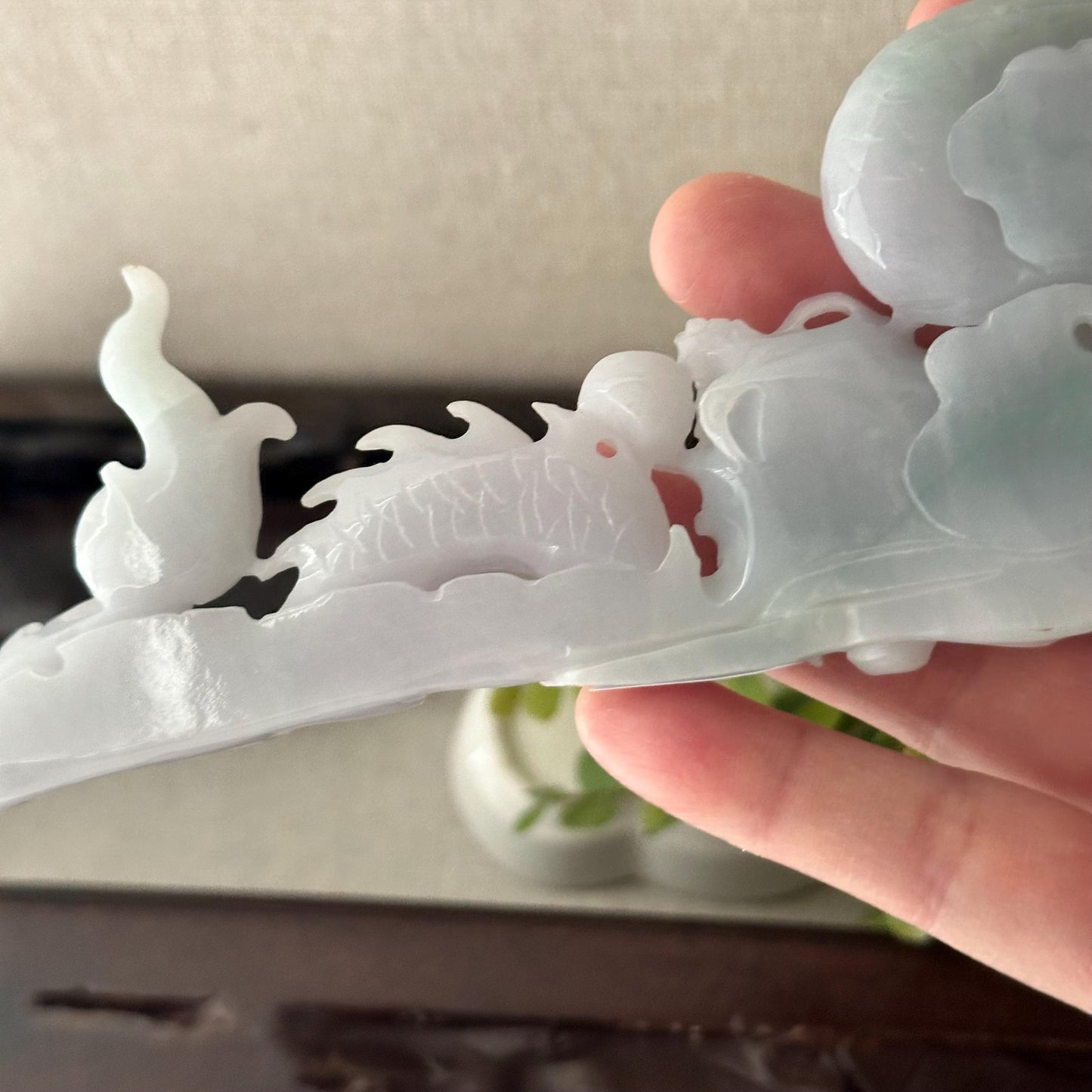 7” Light Green White Jadeite Jade Carved Dragon Statue Display