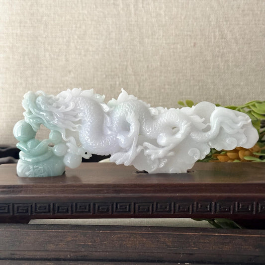 5 Light Green White Jadeite Jade Carved Dragon Statue Display