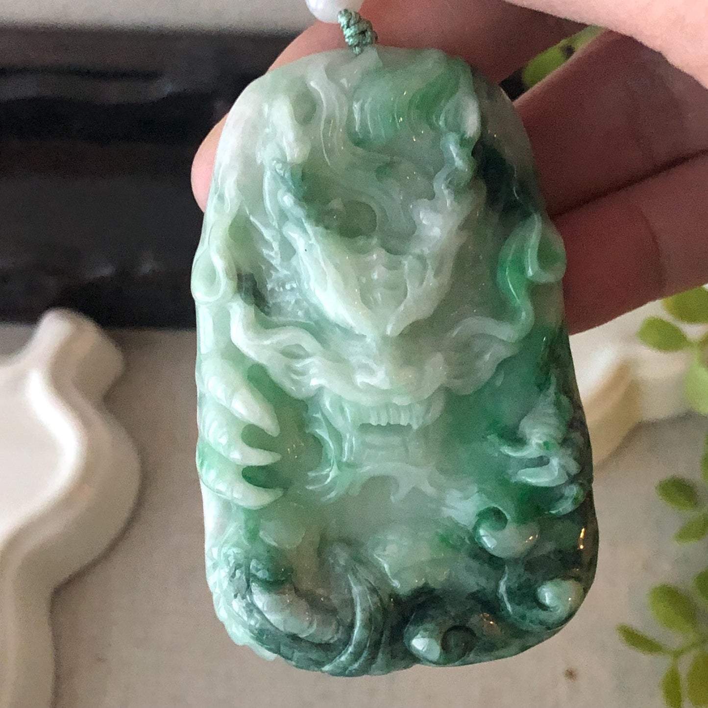 64.2mm Jadeite Jade Green Carved Dragon Pendant