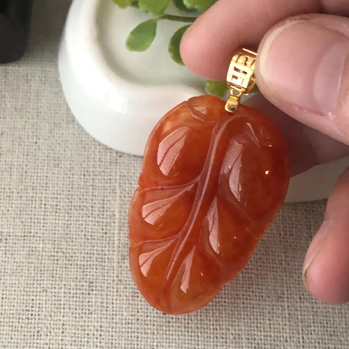 18K 42mm Icy Glossy Red Jadeite Jade Carved Leaf Pendant