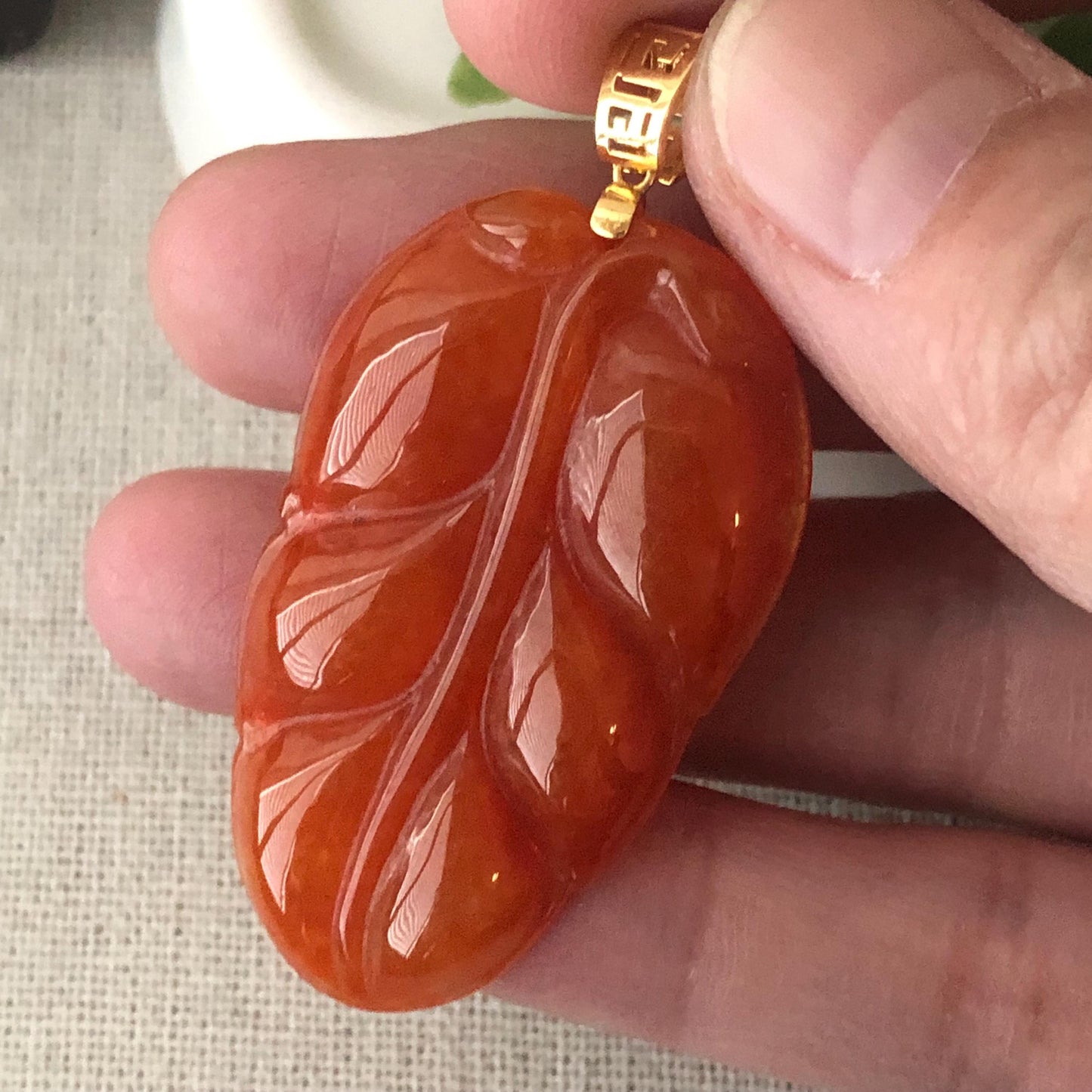 18K 42mm Icy Glossy Red Jadeite Jade Carved Leaf Pendant