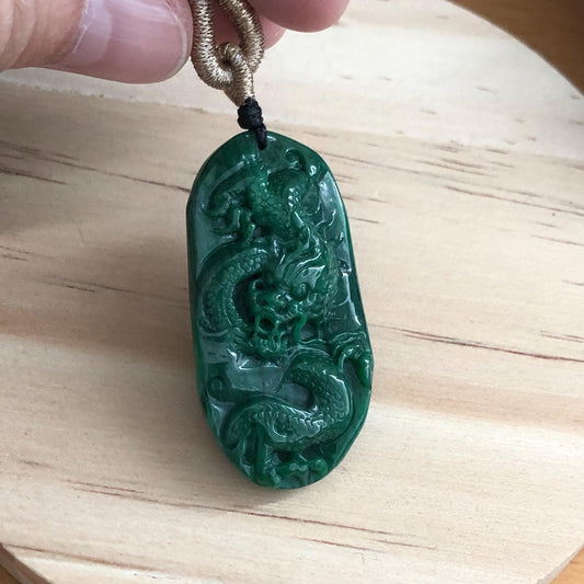 40mm Jadeite Jade Green Carved Dragon Pendant