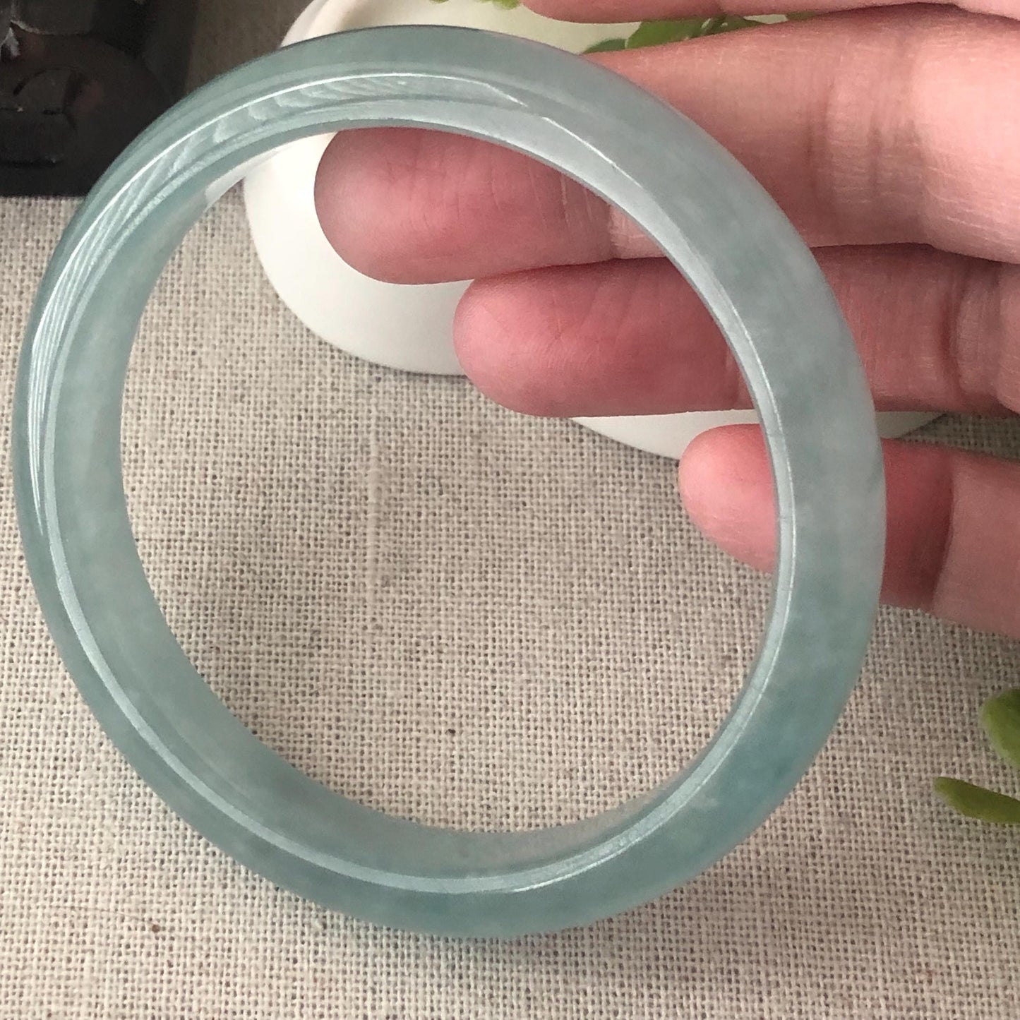 56.5mm Icy Glossy Blue Jadeite Jade D-Shaped Bangle