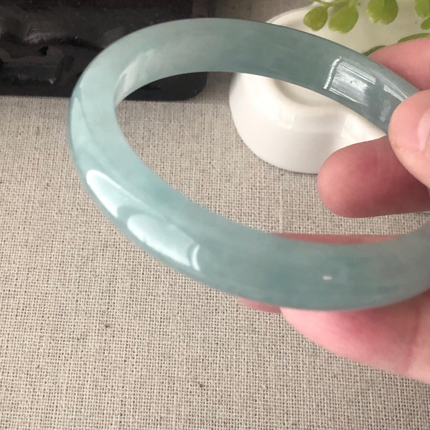 56.5mm Icy Glossy Blue Jadeite Jade D-Shaped Bangle