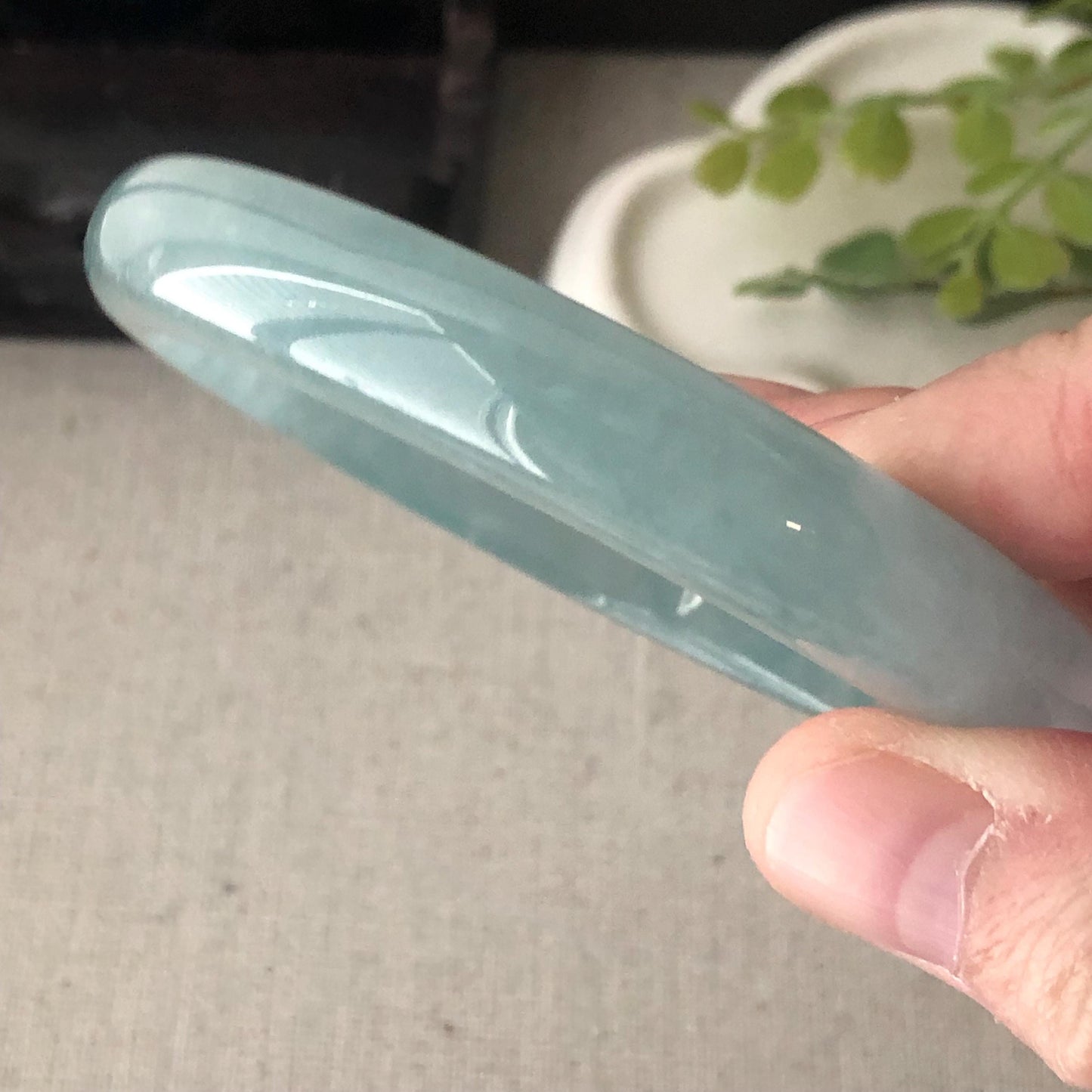 56.5mm Icy Glossy Blue Jadeite Jade D-Shaped Bangle