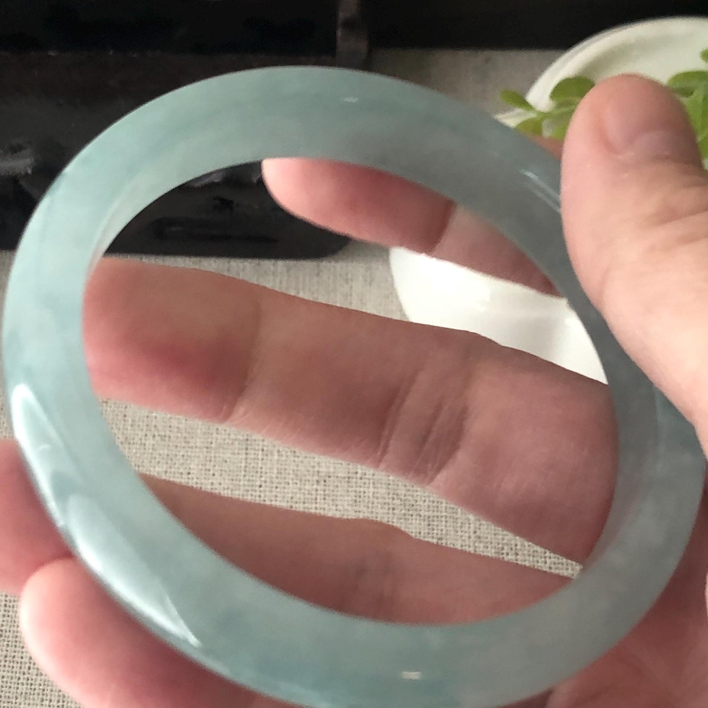 56.5mm Icy Glossy Blue Jadeite Jade D-Shaped Bangle