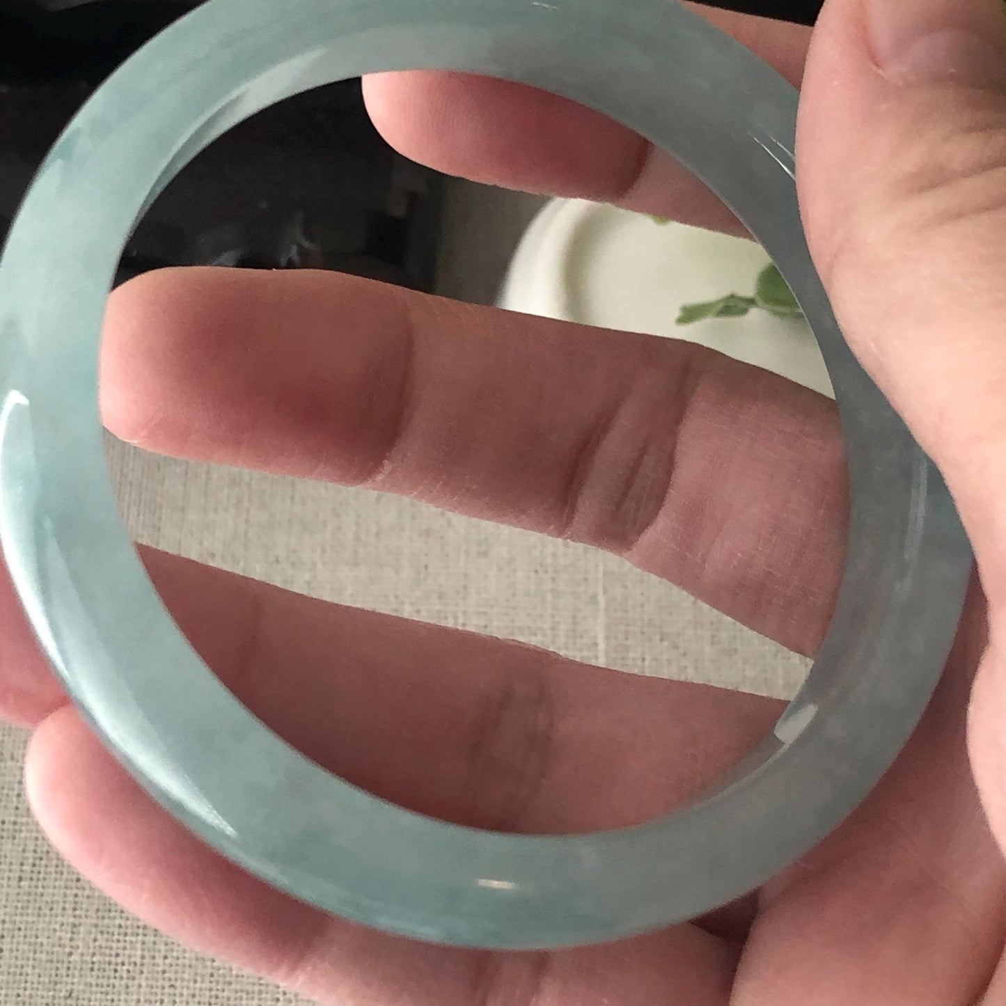 56.5mm Icy Glossy Blue Jadeite Jade D-Shaped Bangle