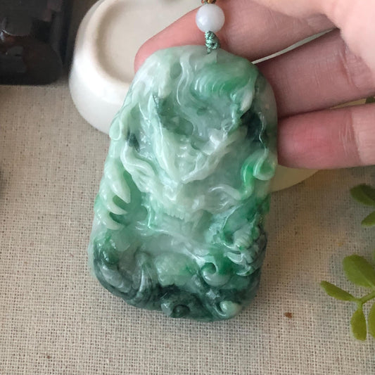 64.2mm Jadeite Jade Green Carved Dragon Pendant