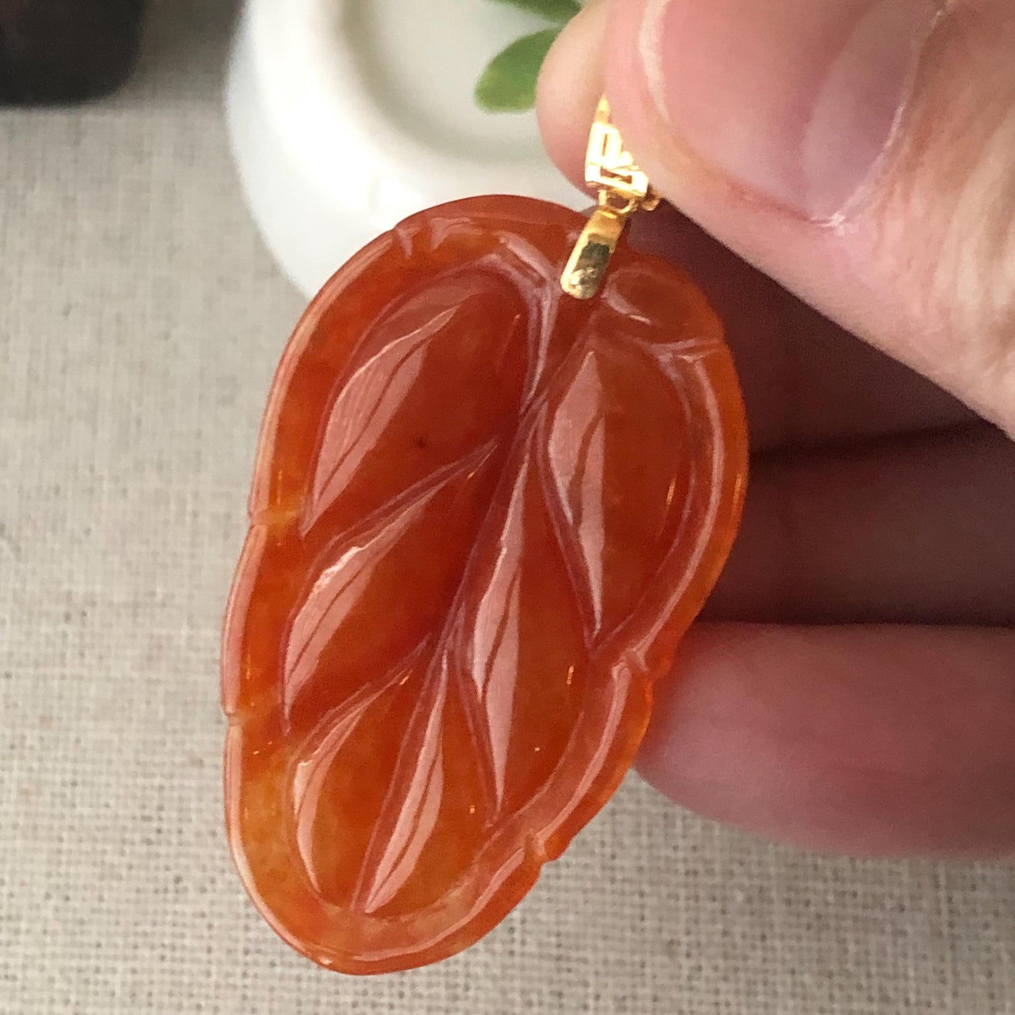 18K 42mm Icy Glossy Red Jadeite Jade Carved Leaf Pendant