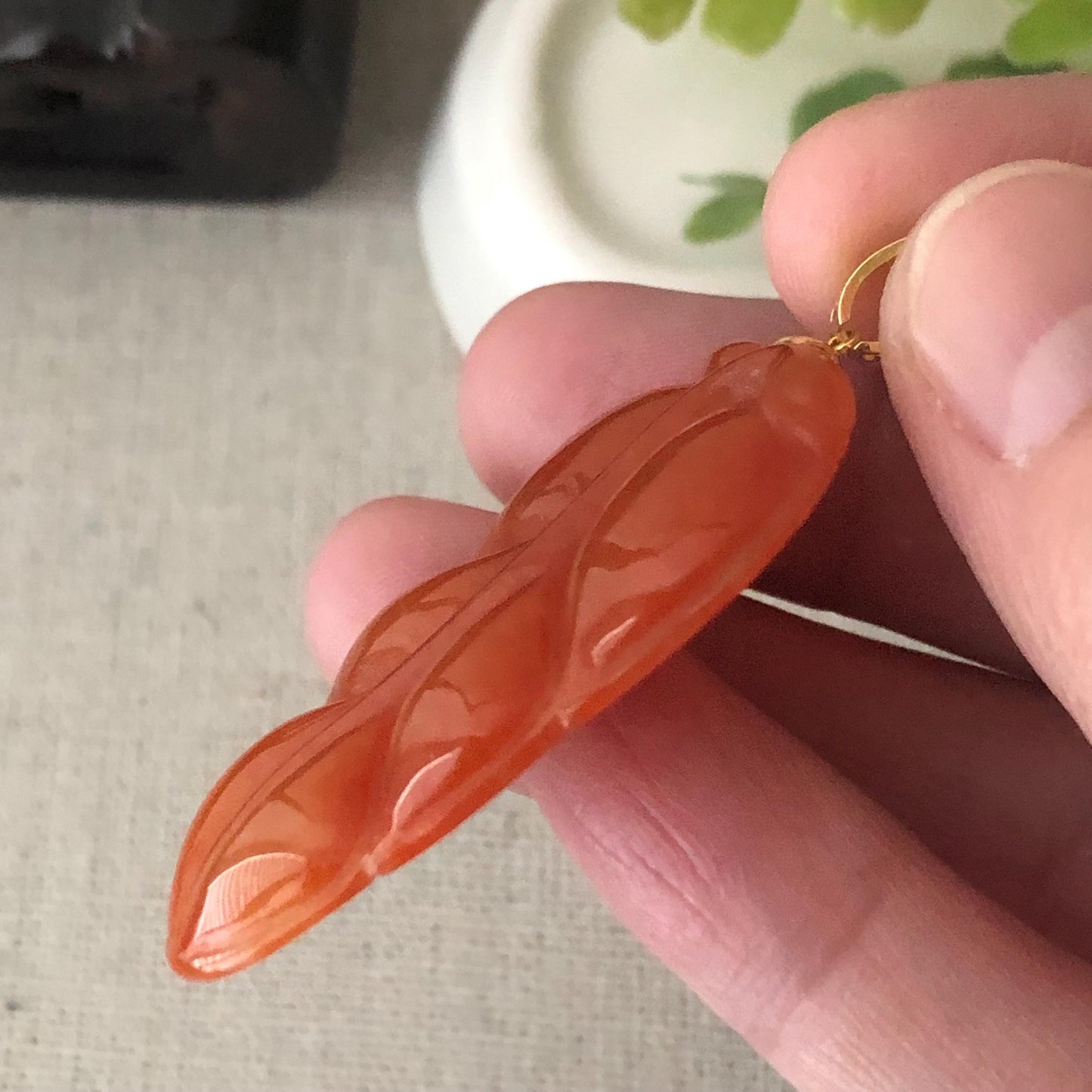 18K 42mm Icy Glossy Red Jadeite Jade Carved Leaf Pendant