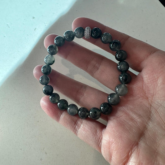 8 mm Icy Glossy Wuji Jadeite Jade Bead Bracelet RARE