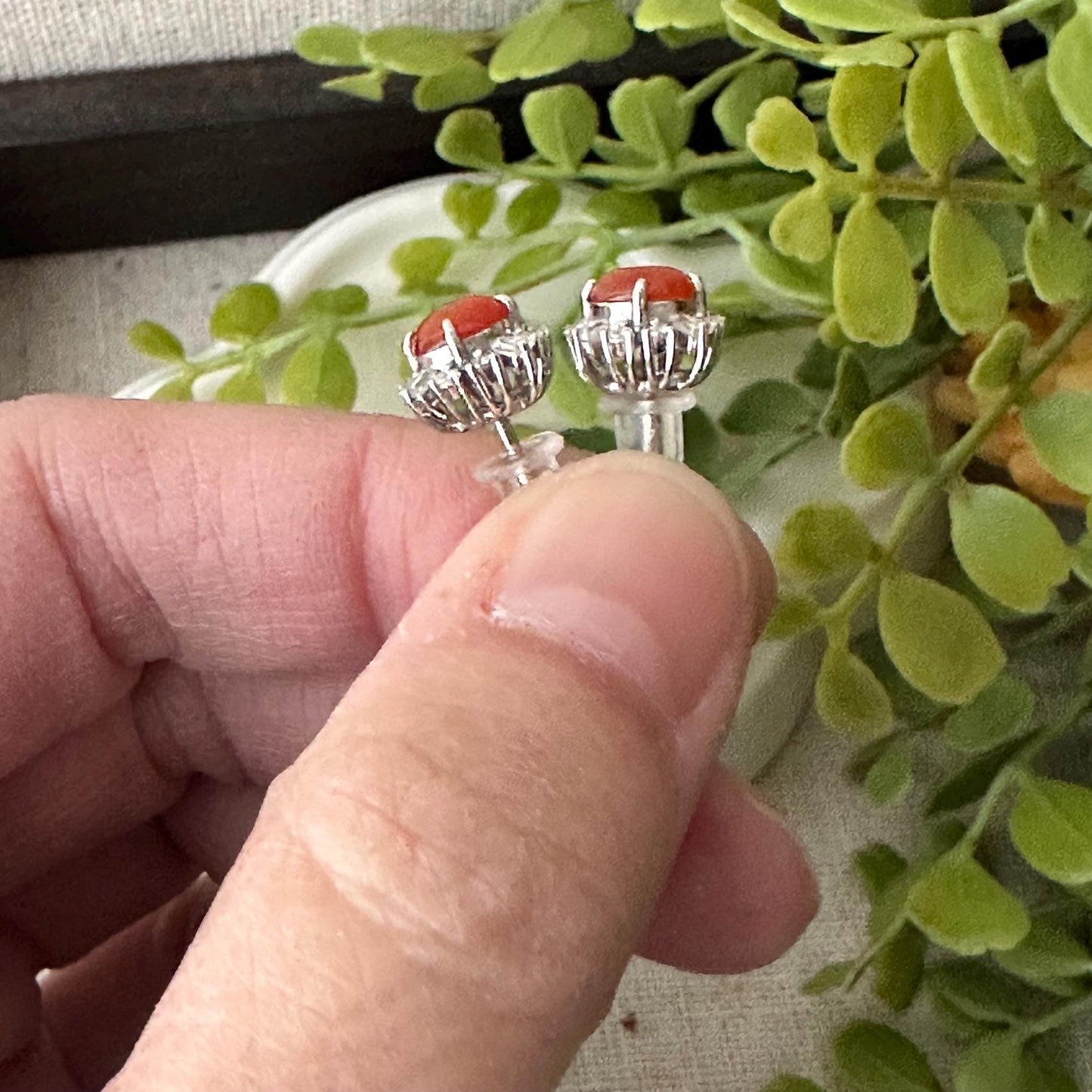 925 Silver Round Cabochon Red Translucent Jadeite Jade Stud Earring