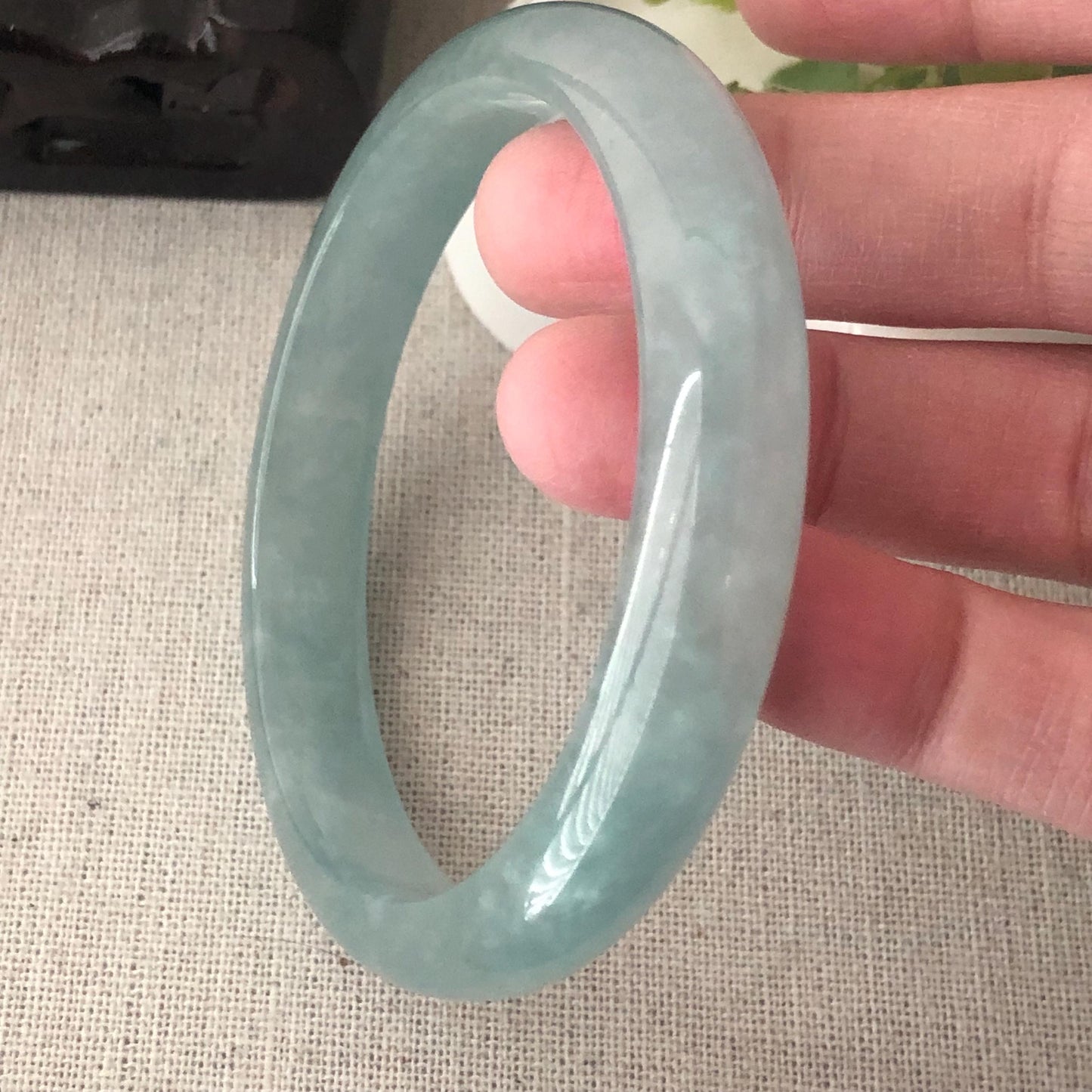 56.5mm Icy Glossy Blue Jadeite Jade D-Shaped Bangle