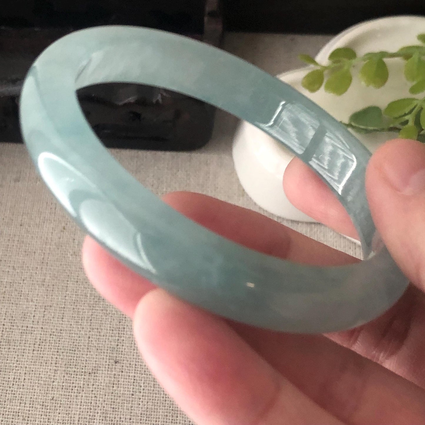 56.5mm Icy Glossy Blue Jadeite Jade D-Shaped Bangle