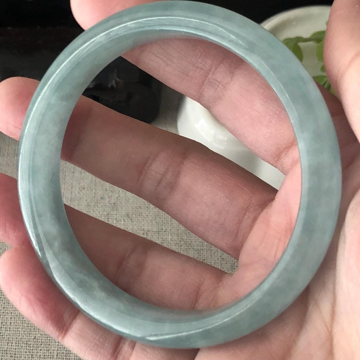 56.5mm Icy Glossy Blue Jadeite Jade D-Shaped Bangle